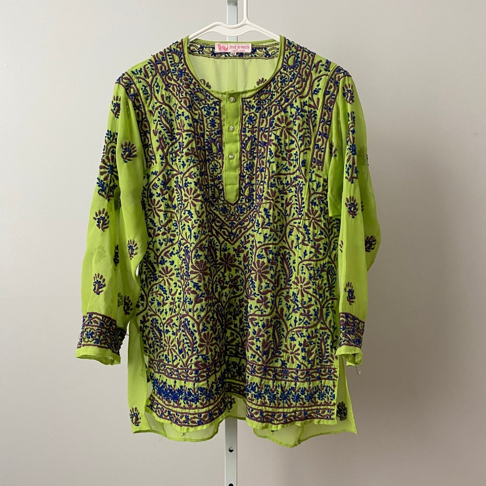 Jest Jewels Boho Lagenlook Embroidered Sheer Tunic‎ Top 42 Lime Green SEO